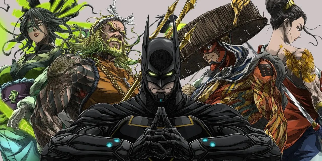 Batman, Aquaman, Green Lantern, The Flash, and Wonder Woman as they appear in Batman Ninja vs. Yakuza League